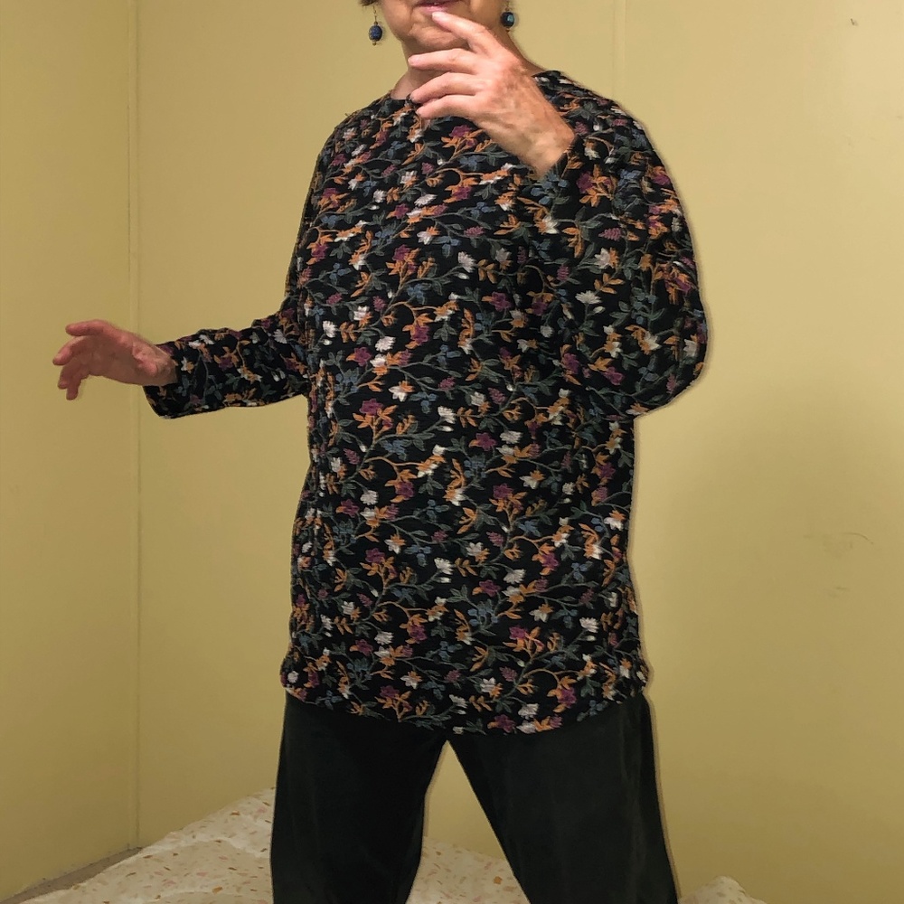 Blouse, multicolored floral w/ black background.